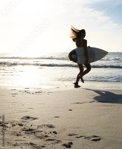 Photography Silhouette, woman surfer running on beach sand and sea, exercise outdoor with surfboard to surf in nature