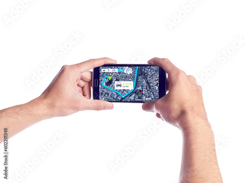 Hands with phone, screen or road map on internet for city location travel or direction route on white background. Mockup or person with mobile app ux display of journey, navigation or virtual guide