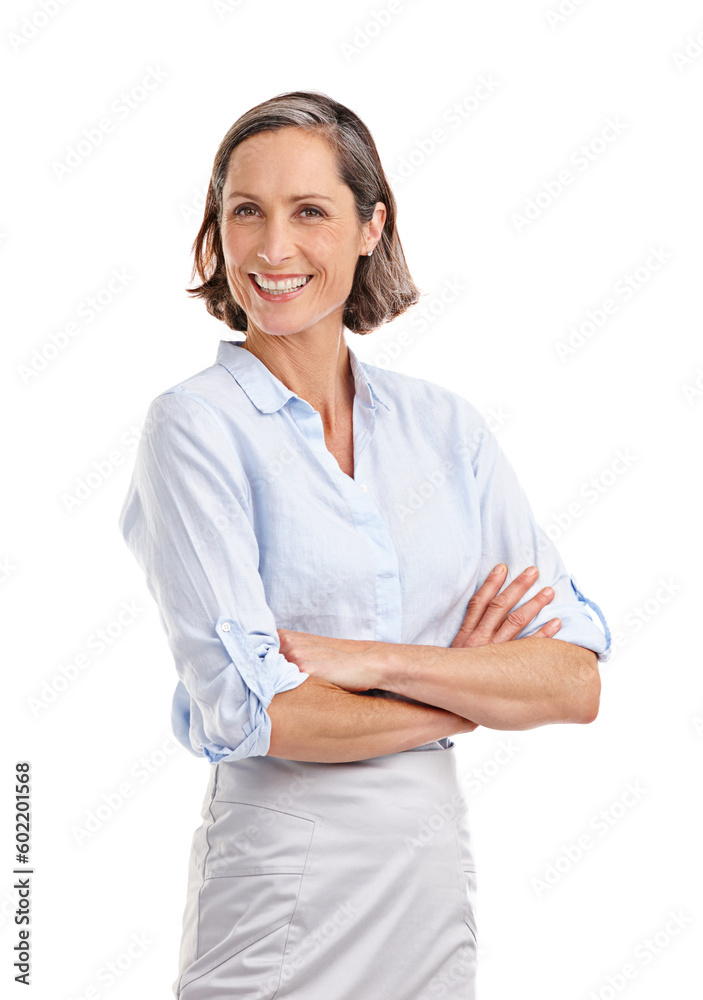 Portrait, smile and business woman with arms crossed in studio isolated on a white background. Face, professional and mature female entrepreneur from Australia with confidence mindset and happiness. Portrait, smile and business woman with arms crossed in studio isolated on a white background. Face, professional and mature female entrepreneur from Australia with confidence mindset and happiness.