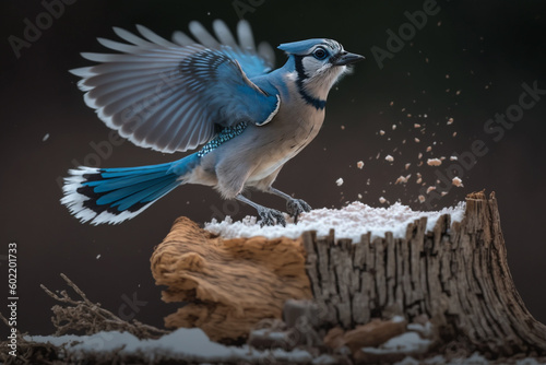 Obraz na płótnie A Blue Jay Approaching a Tree Stump, snow, particle in the air
