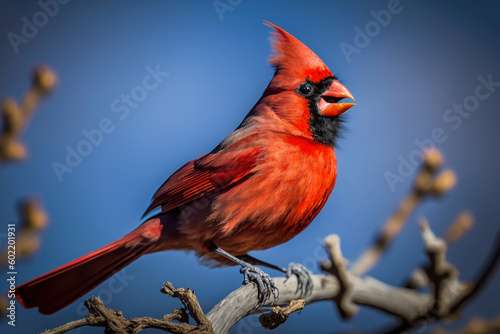 Print op canvas A male Northern cardinal perched on the branch of pine, blurred blue sky backgro