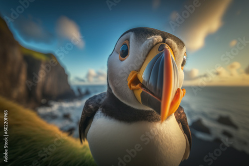 Fototapeta Puffin beak greeting in blurred ocean background in morning