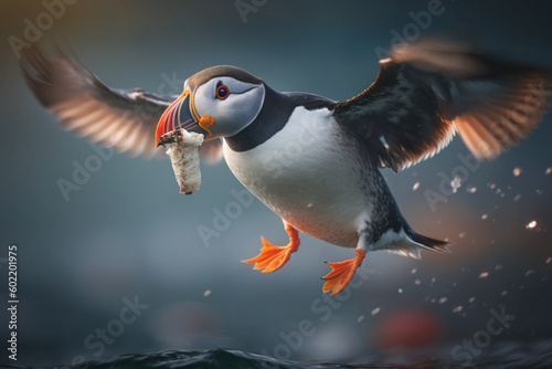Fototapet Puffin flying with tiny food in beak in blurred ocean background