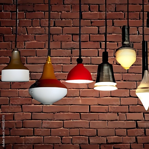 Many pendant lamps against red brick wall Created with Generative AI technology. 