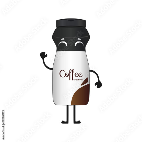 Coffee drink bottle character, cute kawaii mascot vector illustration. Instant coffee ready to drink. Coffee Creamer (Sugar-Free). Editable graphic resources in trendy realistic style.