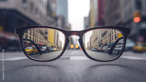 road center line leading to source of light behind an eyeglasses, with blur background Generative AI
