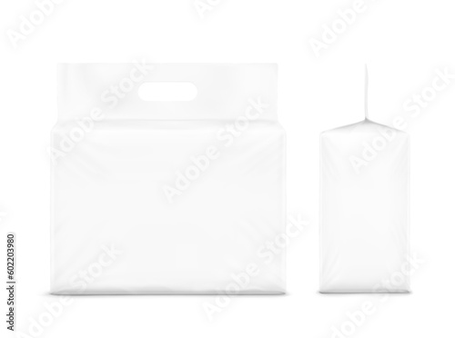 Stand bag with handle mockups. Vector illustration isolated on white background. Ready for your design. Suite for the presentation of diaper, pants, wet wipes, foods, household, etc. EPS10.