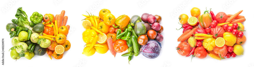 Set of different fruits and vegetables on white background, top view