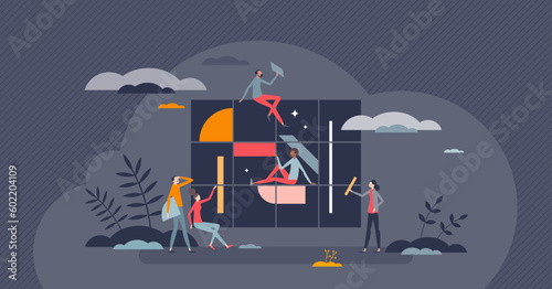 Creative teamwork with solution and strategy management tiny person concept. Innovative collaboration to succeed business challenge vector illustration. Partnership and assistance for project tasks.