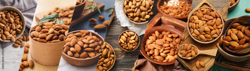 Collage with many tasty almonds Collage with many tasty almonds