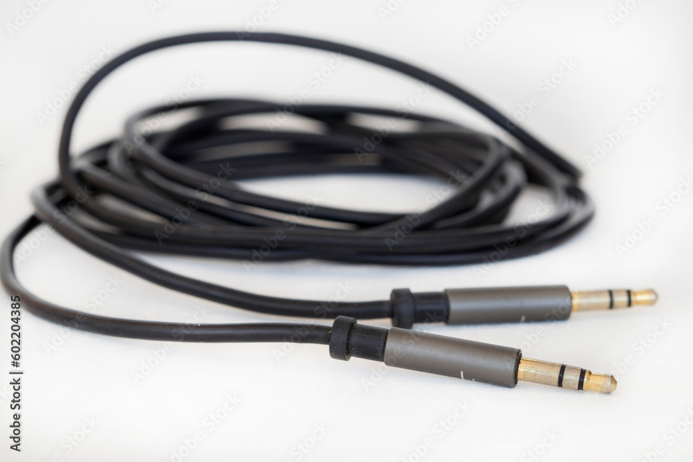 cord audio jack for connect loudspeaker arrangement flat lay style on background white cord audio jack for connect loudspeaker arrangement flat lay style on background white