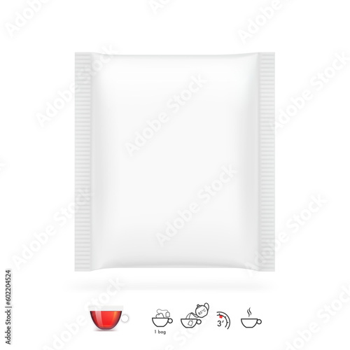 Realistic tea sachet mockup set. Front view. Vector illustration isolated on white background. Ready for your design. EPS10.	
