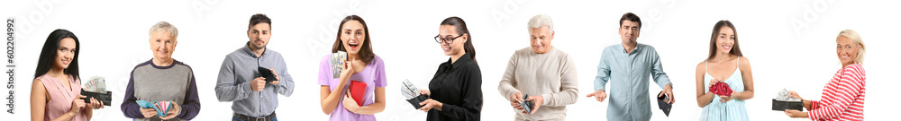 Set of different people with wallets and money on white background Set of different people with wallets and money on white background