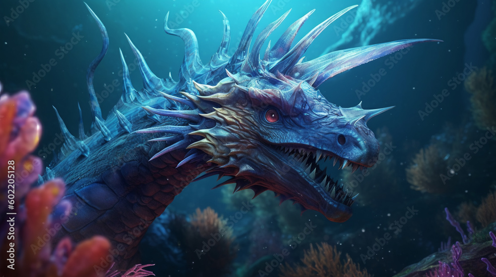 Sea dragon underwater, dragon Illustration, monster sea dragon. Generative AI