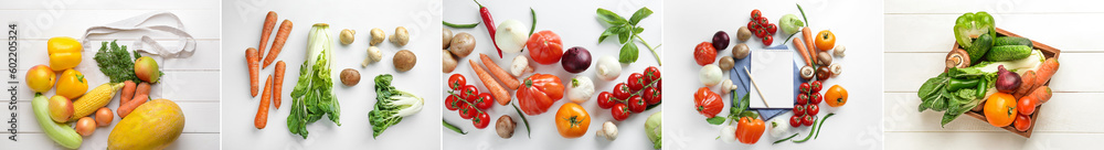 Collage with many fresh vegetables and fruits on white background Collage with many fresh vegetables and fruits on white background