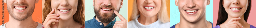 Obraz premium Collage of many people with healthy teeth, closeup