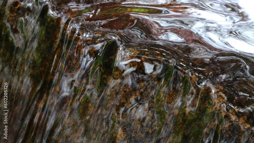 岩肌を流れ落ちる川の流れのフィックス撮影　小さい滝