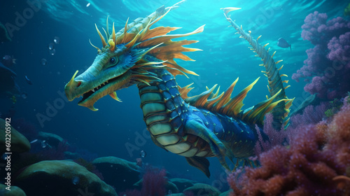 Sea dragon underwater, monster dragon underwater, illustration. Generative AI