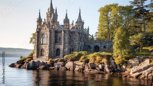 multi level stone castle with cathedral style spires on the beautiful coastline and beach