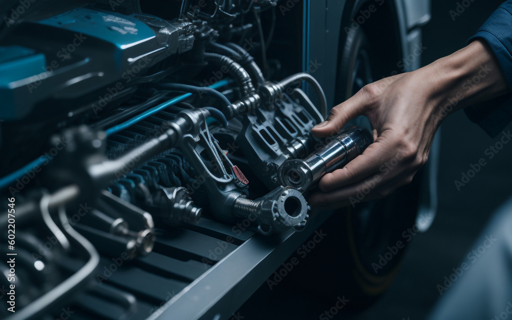 Close-up hand of an auto mechanic using measuring manifold gauge to check the refrigerant and checking for repair service support maintenance and car insurance. Generative Ai Close-up hand of an auto mechanic using measuring manifold gauge to check the refrigerant and checking for repair service support maintenance and car insurance. Generative Ai