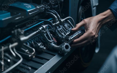 Close-up hand of an auto mechanic using measuring manifold gauge to check the refrigerant and checking for repair service support maintenance and car insurance. Generative Ai