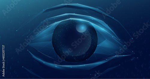 Human eye. Eye security technology with binary code. Eye safety scanner. Low polygons, triangles, wireframes, and particle style. Vector illustration