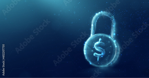 Coin with a padlock. Money saving. Finance investment. Cyber security. Low polygons, triangles, wireframes, and particle style. Vector illustration