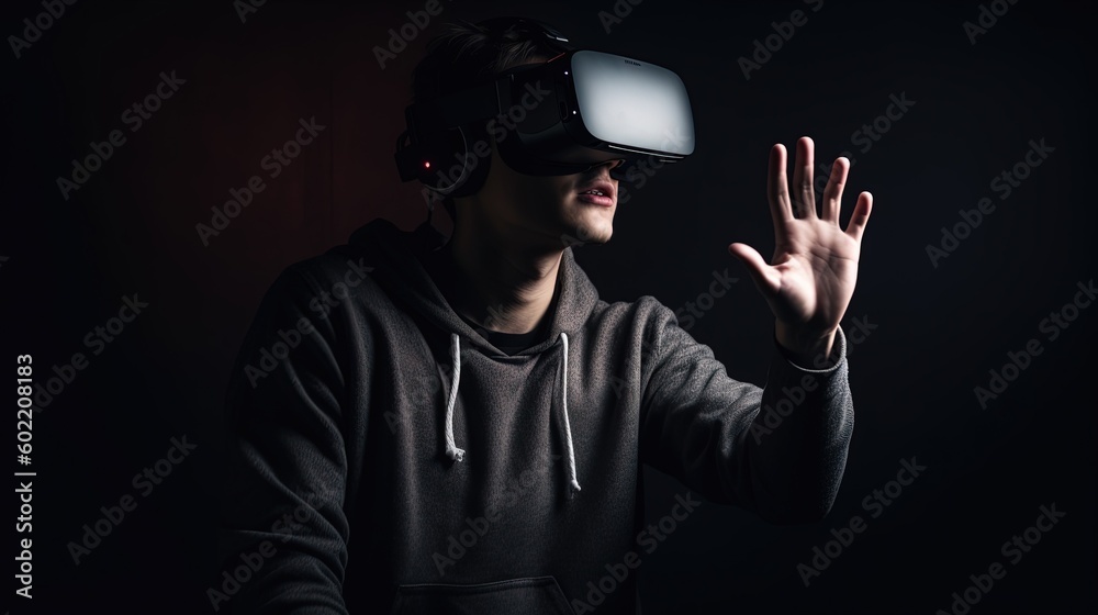 Young man wearing virtual reality goggles, Future technology and entertainment concept.Generative Ai