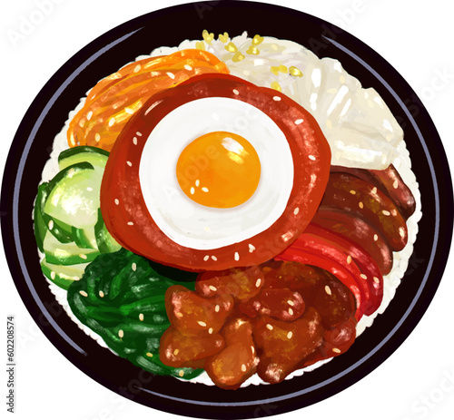 Vector drawing, Bibimbap, fried egg , Korean food, บิบิมบับ, 감사합니다