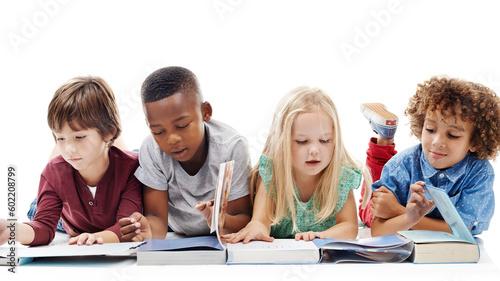 Reading, books and children learning on the floor or students together and on a white background. Kids, information and development or school growth or friends happy to learn and isolated in studio