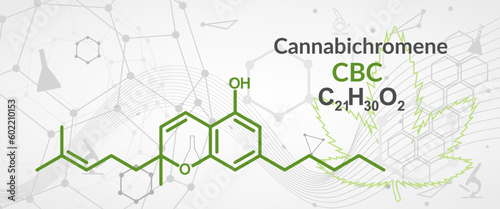 Cannabichromene or CBC molecular structural chemical formula. Futuristic science backdrop. Pharmacology concept