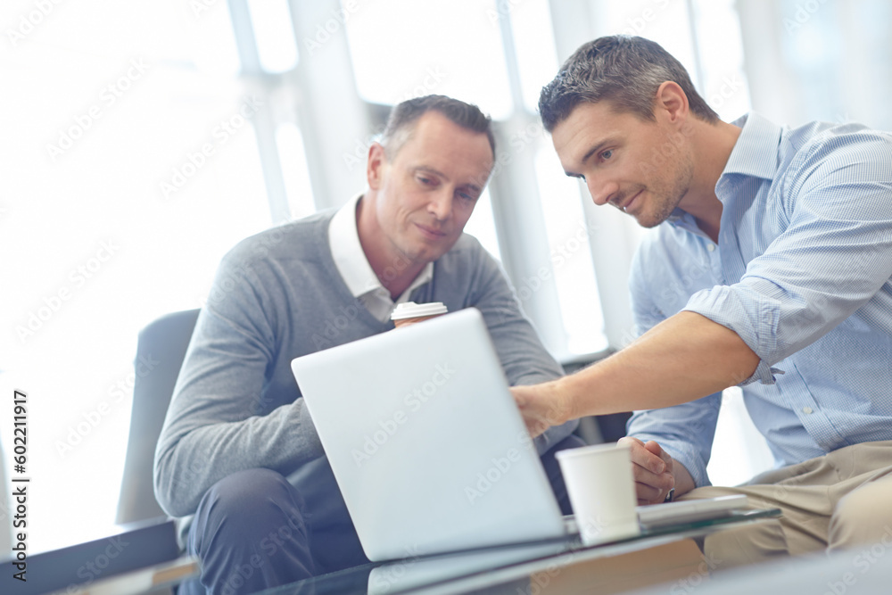 Laptop, review and businessman with client collaboration, teamwork and strategy for company finance. Corporate businessman with partner consulting, reading feedback on ideas for website, budget quote - obrazy, fototapety, plakaty 