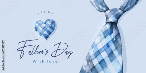 Set of Fathers Day greeting cards in blue tones with plaid men's tie, bow tie and heart. Fathers Day modern watercolor illustration for banner, fashion ads, poster, flyer, social media, promo, sale.