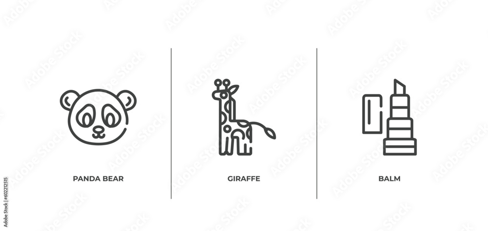 pet grooming outline icons set. thin line icons sheet included panda bear, giraffe, balm vector. pet grooming outline icons set. thin line icons sheet included panda bear, giraffe, balm vector.