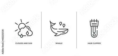 pet grooming outline icons set. thin line icons sheet included clouds and sun, whale, hair clipper vector.