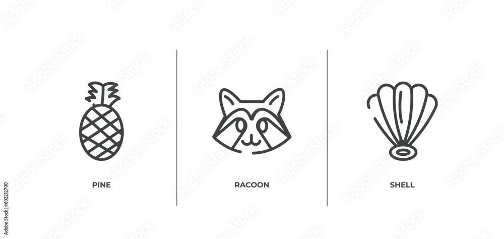 nature outline icons set. thin line icons sheet included pine, racoon, shell vector. nature outline icons set. thin line icons sheet included pine, racoon, shell vector.