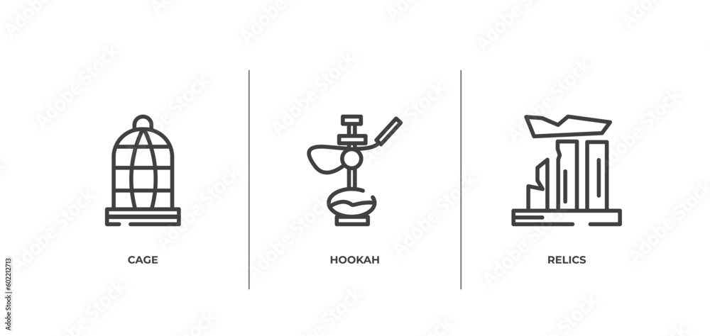 desert outline icons set. thin line icons sheet included cage, hookah, relics vector.
