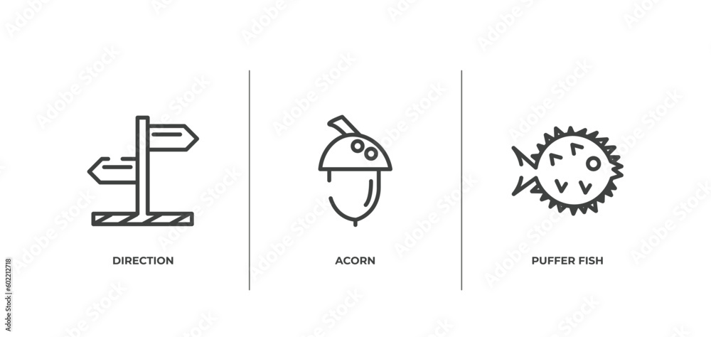 wildlife outline icons set. thin line icons sheet included direction, acorn, puffer fish vector. wildlife outline icons set. thin line icons sheet included direction, acorn, puffer fish vector.