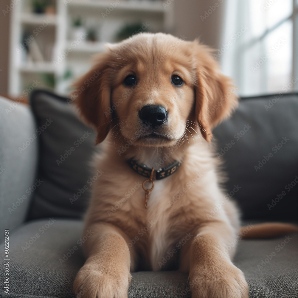 Golden Retriever puppy in the living room - Generative Ai