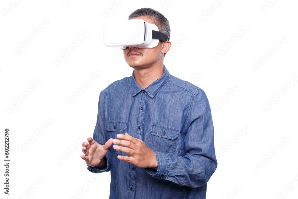 Man wearing virtual reality headset isolated on white background. trying to touch something with hand Man wearing virtual reality headset isolated on white background. trying to touch something with hand