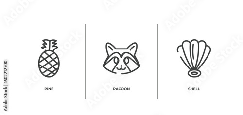 nature outline icons set. thin line icons sheet included pine, racoon, shell vector.