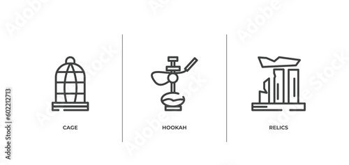 desert outline icons set. thin line icons sheet included cage, hookah, relics vector.