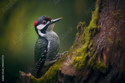 Valokuvatapetti woodpecker with beak on beech trunk, green blurred forest background