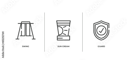 in the zoo outline icons set. thin line icons sheet included swing  sun cream  guard vector.