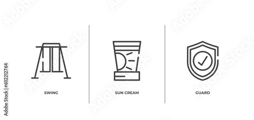 in the zoo outline icons set. thin line icons sheet included swing, sun cream, guard vector.