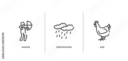 animals outline icons set. thin line icons sheet included hunter, precipitation, hen vector.