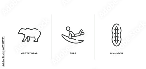 nature outline icons set. thin line icons sheet included grizzly bear, surf, plankton vector.