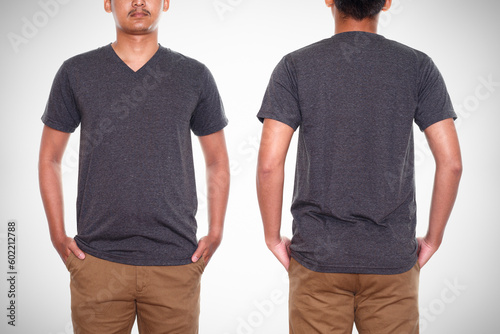 Man in blank gray t-shirt front and rear isolated on gray background. Shirt design