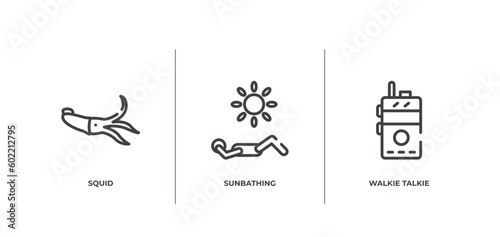 hunting outline icons set. thin line icons sheet included squid, sunbathing, walkie talkie vector.
