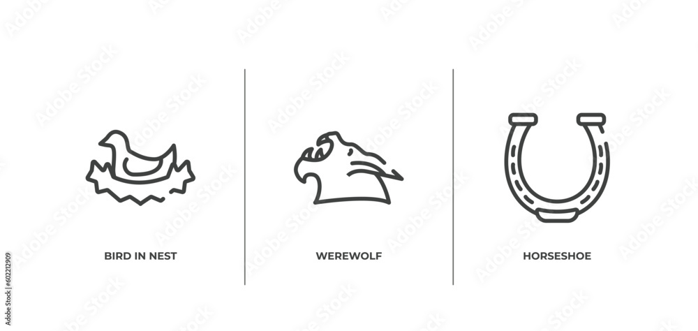 horses outline icons set. thin line icons sheet included bird in nest, werewolf, horseshoe vector.